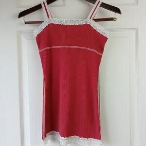 Mossimo Red Ribbed Cami Tank Top w/ White Lace Trim Girls Large long line
